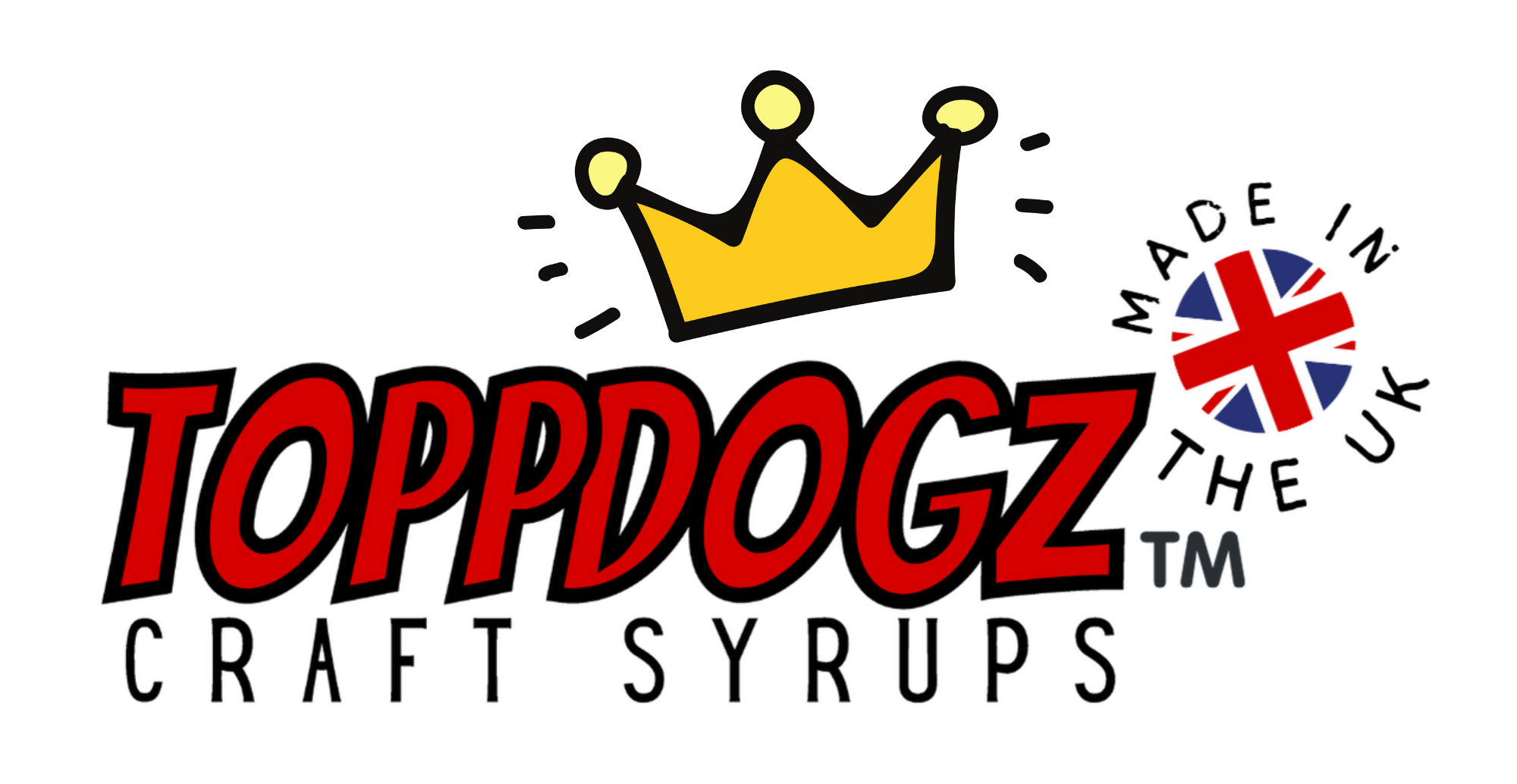 Toppdogz Craft Syrups logo in red with yellow crown and Made in the UK emblem
