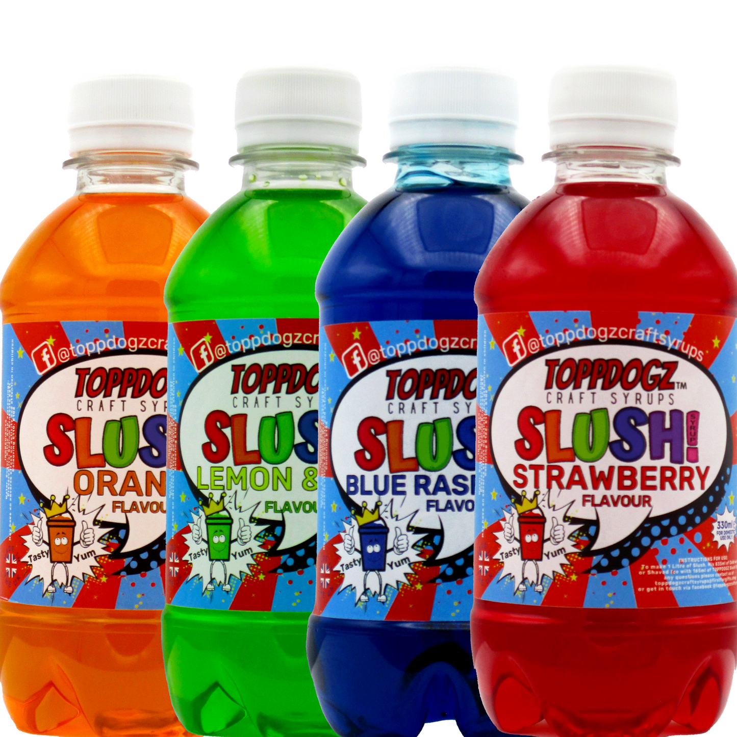 4 pack of 330ml slush syrups orange slush, lemon & lime slush syrup blue raspberry slush syrup strawberry slush syrup