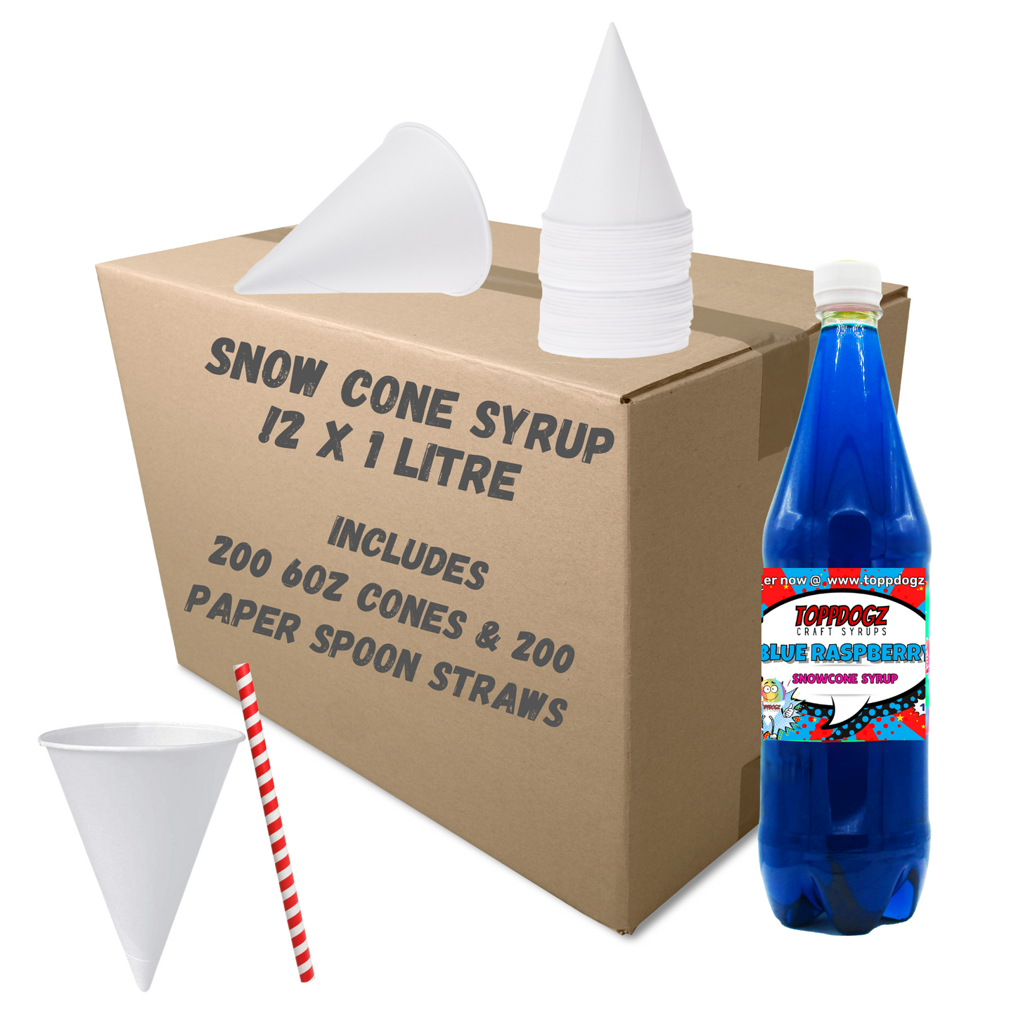 Snowcone syrup Top Up Pack  - 12 x 1 litre Mix Case-200 x 6oz cones- 200 x spoon straws